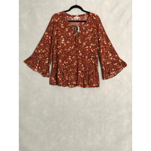 Floral & Ivy Flounce Sleeve Top Women's Large Floral Tiered Brown NEW - Picture 1 of 7